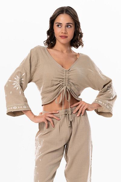 Eliş Şile Bezi Long Sleeve Daylight Gather Detailed Summer Muslin Blouse Mink Vzn