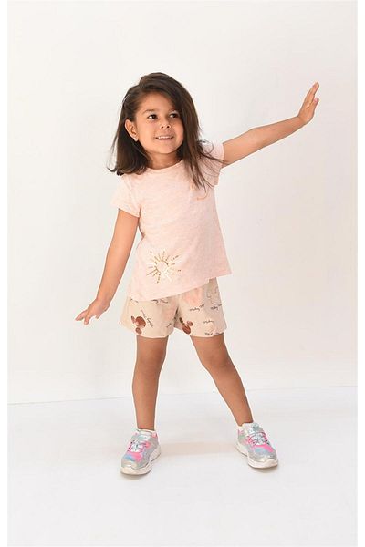 LUESS Set tricou-short pentru fetiță roz deschis cu detalii de broderie