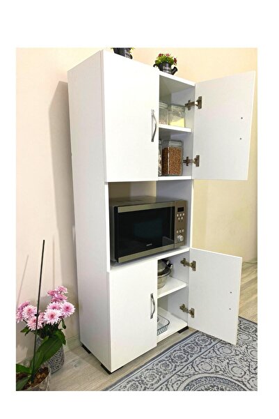 FZHOME 4 Kapaklı Orta Bölmeli 4 Kapılı Çok Amaçlı Beyaz Mikrodalga Mini Fırın Mutfak Dolabı