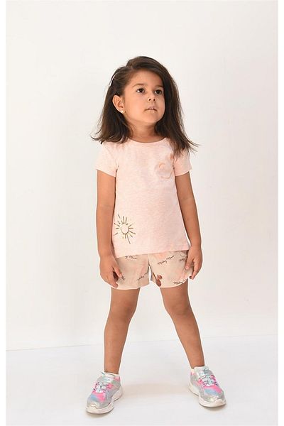 LUESS Set tricou-short pentru fetiță roz deschis cu detalii de broderie
