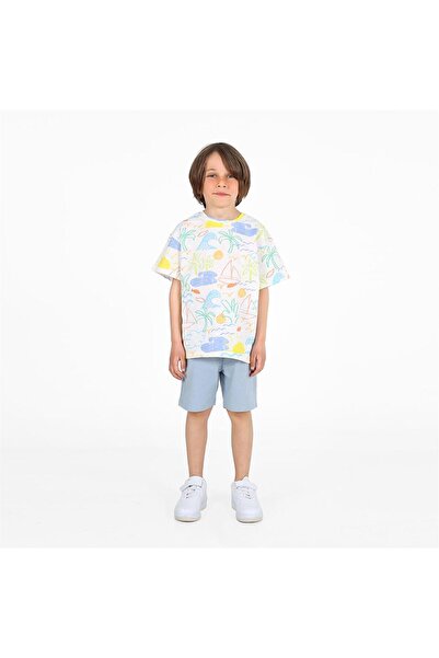 LUESS Boy's Colorful Patterned White Blue Bottom and Top Set
