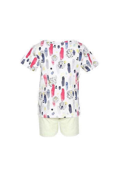 LUESS Girl's Ecru Colored Printed T-shirt, Textured Shorts, Top and Bottom Set