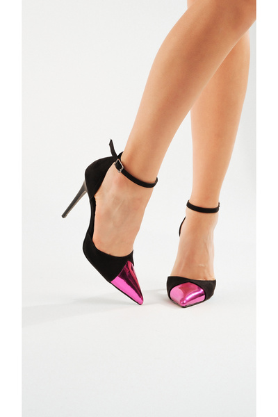 AYAKKABI PRENSİ Akari Fuchsia Detailed Black Suede 10 cm Women's Stiletto, Heeled Shoes Suede