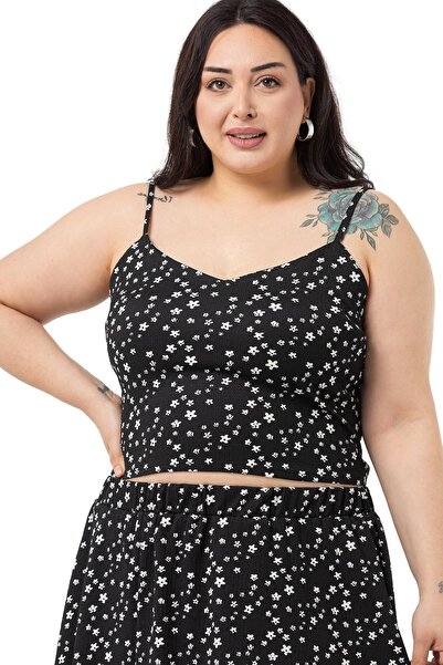 DISENTIS MODEST Plus Size Adjustable Thin Strap Blouse Skirt Black Double Set