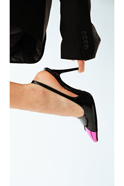 AYAKKABI PRENSİ Orla Fuchsia Detailed Black Patent Leather Fuchsia Black 10 cm Women's Stiletto, Heeled Shoes
