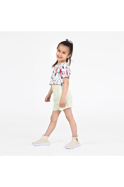 LUESS Girl's Ecru Colored Printed T-shirt, Textured Shorts, Top and Bottom Set