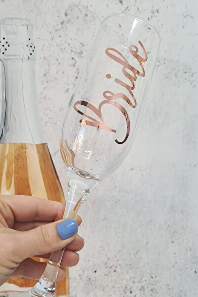 PEKSHOP Rose Gold Varak Bride Yazılı Gelin Şampanya Kadehi