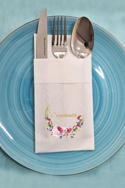 PEKSHOP Kumaş Dokulu Cepli Peçete Gold Detay Romantik Çiçek Konsept Nişan Mas...