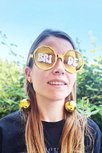 PEKSHOP Ochelari de petrecere Disco Bulk Gold Bride. Accesoriu pentru sedinta foto mireasa Ochelari scrisi pentru mireasa