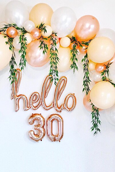 PEKSHOP 30 Yaş Doğum Günü Balonları - Hello 30 El Yazısı Rose Gold Renk Folyo...