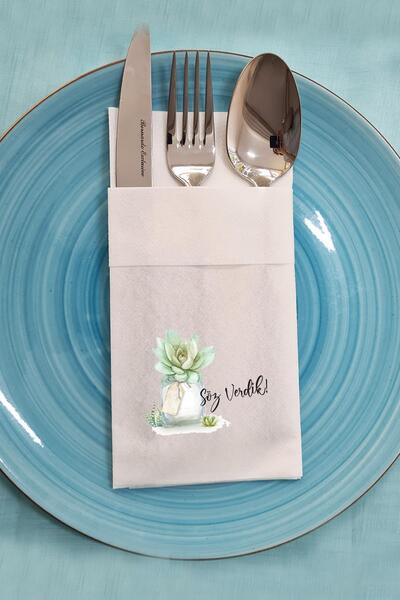 PEKSHOP Kumaş Dokulu Cepli Peçete Saksıda Sukulent Konsept Söz Masası Peçetesi