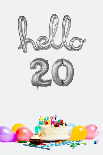 PEKSHOP 20th Birthday Balloons - Hello 20 Handwritten Silver Color Foil Balloon