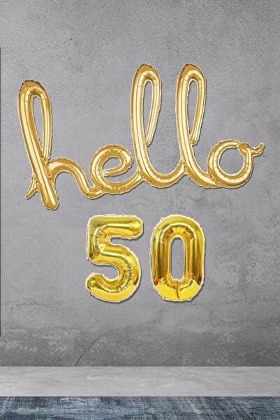 PEKSHOP 50 Yaş Doğum Günü Balonları - Hello 50 El Yazısı Gold Renk Folyo Balon