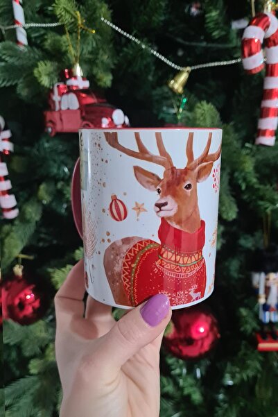 PEKSHOP Yılbaşı Kazaklı Geyik Tasarım Yılbaşı Hediyesi Kupa Bardak