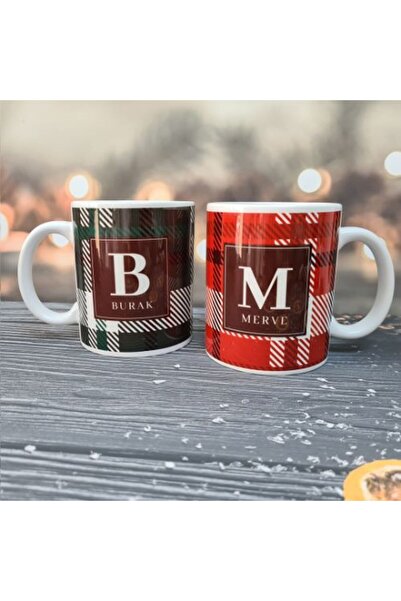 PEKSHOP İsimli Çiftlere Özel Ekoseli Yılbaşı Hediyesi Kupa Bardak Takımı