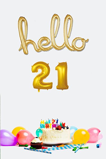 PEKSHOP 21 Yaş Doğum Günü Balonları - Hello 21 El Yazısı Gold Renk Folyo Balon