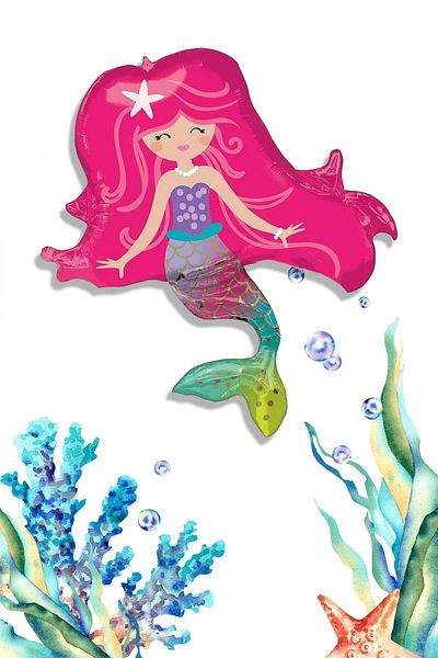 PEKSHOP Pink Haired Mermaid Smiling Mermaid Foil Balloon 34 inches