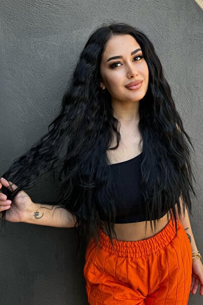 TAKIŞTIR Isıya Dayanıklı Yıkanabilir Yarımay ÇıtÇıt Saç 1#Siyah-Dalgalı-60Cm-110 Gr+2 Adet YanÇıtÇıtSaç