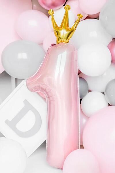 PEKSHOP Taçlı 1 Rakam Folyo Balon 1 Yaş Balonu Gold Taçlı PEMBE 90cm