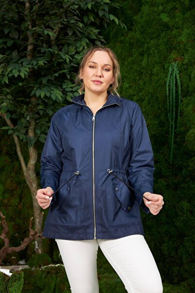 RMG Large Size Navy Blue Trench Coat with Mesh Detail