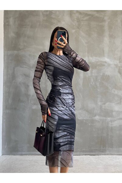 bymaestro woman Γυναικείο φόρεμα από τούλι με μοτίβο μίντι με επένδυση