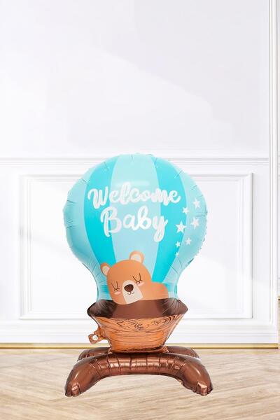 PEKSHOP Ayaklı Welcome Baby MAVİ Folyo Balon Baby Shower Balonları 90cm
