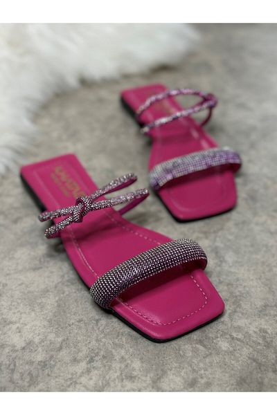 İmerShoes Daily Women's Fuchsia Slippers Single Strap Stone Low Heel Blunt Toe Comfortable Sole Lightweight 09