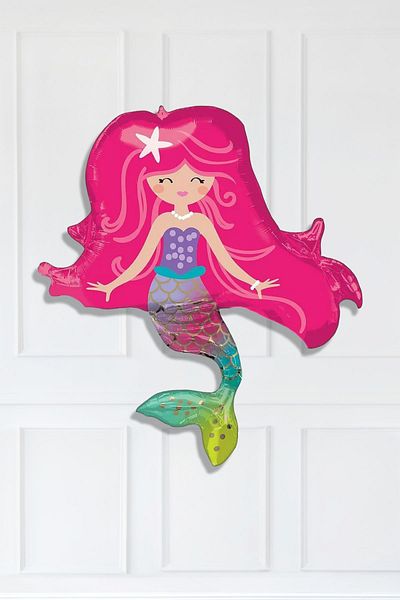 PEKSHOP Pink Haired Mermaid Smiling Mermaid Foil Balloon 34 inches