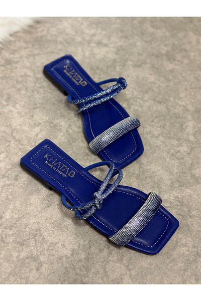 İmerShoes Papuci albaștri de zi cu zi pentru femei cu o singură curea și toc mic, vârf tocit, talpă confortabilă, ușoară 09