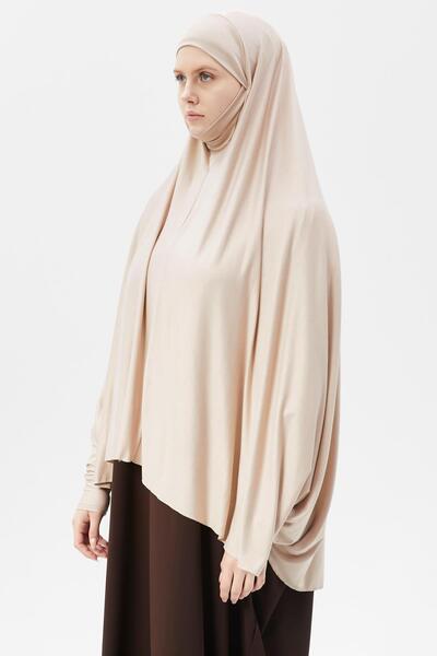 Altobeh Sleeve Souffle Sheet Top with Veil Practical Hijab - Nickeled Prayer Cover Sand Beige