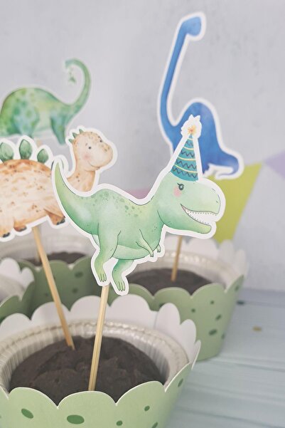 PEKSHOP Dinozor Konsept Kürdan Süsleri Cupcake Süsleri Lüks Büyük Boy 10lu Paket