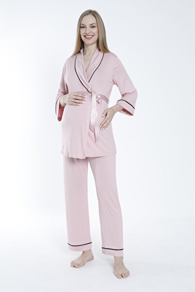 Miss Dünya Lissa Önden Bağlamalı Şerit Yakalı Hamile ve Lohusa Pijama Takımı