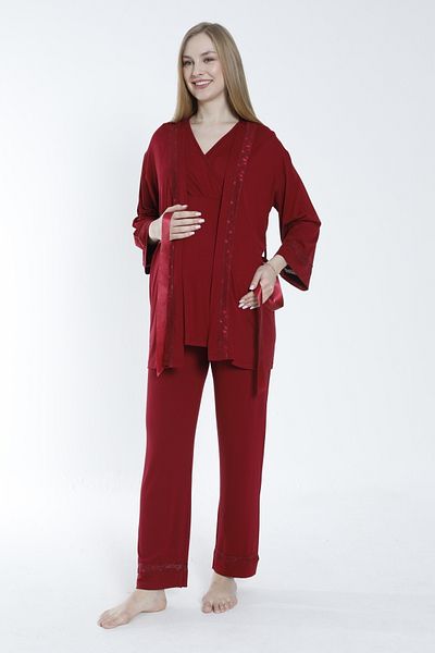 Miss Dünya Lissa Maternity and Maternity Pajamas Set with Lace Detail and Dressing Gown