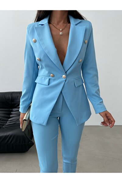 Female Clothing بدلة سترة وبنطلون مرنة غير متماثلة باللون الأزرق الفاتح - مع ...