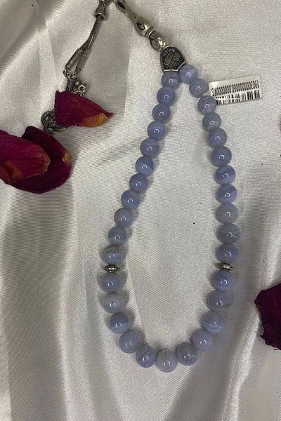 RaHan Tasbih is Chalcedony Natural Stone Silver Solar Neural Net and Stem Chakra Stone