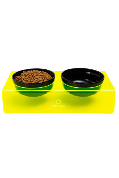 Pet Magic Petmagic Acrylic Plexi Pet Black Ceramic Bowl Double Cat and Dog Food Water Bowl - Neon Yellow