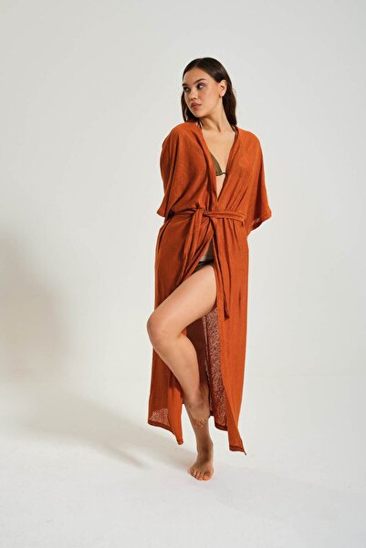 BEACHTALK 100%keten Ince Dökümlü Kumaştan Uzun Kimono