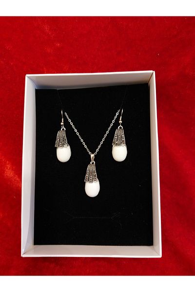 Burhan Yücel Lületaşı Lollipop marcasite three stripes oval pendant earrings set