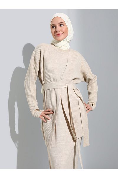Refka Dress and Cardigan Belted Knitwear Set - Light Stone - Refka