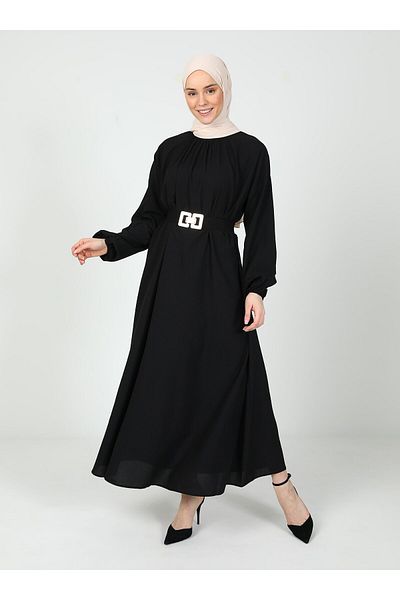 Tavin Belt Detailed Hijab Dress - Black - Tavin