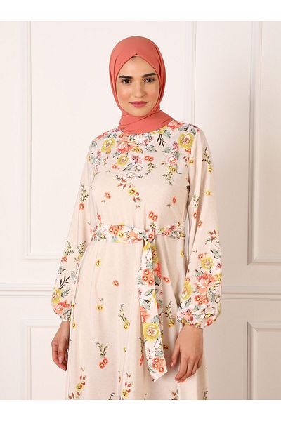 Refka Floral Patterned Balloon Sleeve Hijab Dress - Orange - Refka
