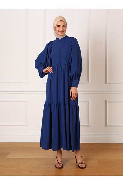 Refka Brit Detailed Bat Sleeve Aerobin Hijab Dress - Dark Indigo - Refka