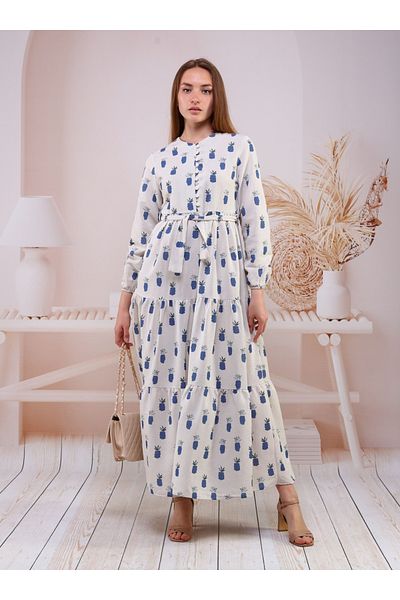 Bwest Patterned Linen Dress - Pineapple Saks Blue - Bwest