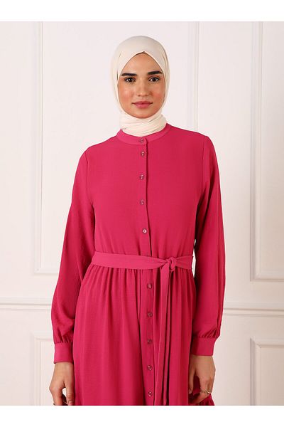Refka Neck Buttoned Waist Belted Aerobin Hijab Dress - Fuchsia - Refka