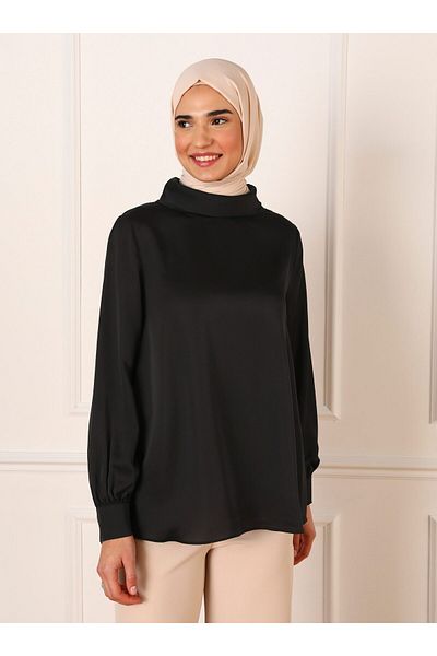 Refka Balloon Sleeve Satin Blouse with Cuffs - Black - Refka
