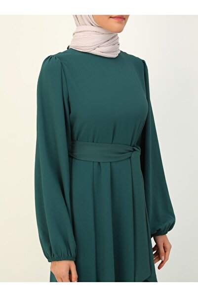 Benin Aerobin Balloon Sleeve Belted Mevlana Patterned Hijab Dress - Emerald - Benin