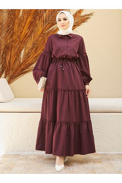 Neways Front Button Detailed Hijab Dress - Claret Red - Neways