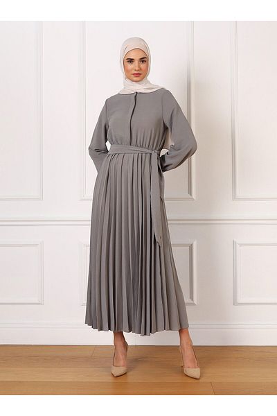 Refka Pleated Hijab Dress with Elastic Waist - Granite - Refka