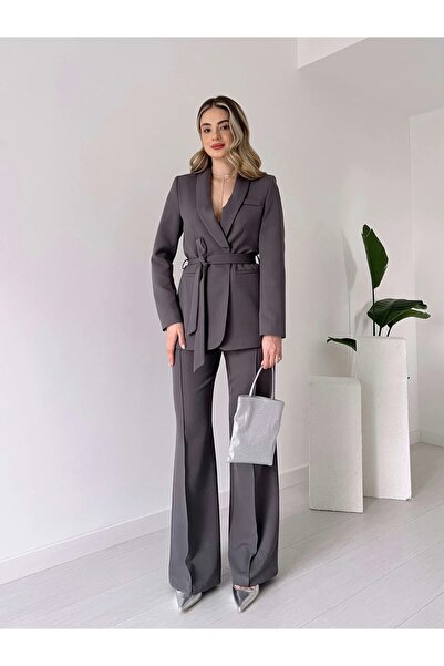 HARMONY GLOBAL Γυναικείο Σετ Παντελόνι Μπλέιζερ Ζώνη Ανθρακί 3058