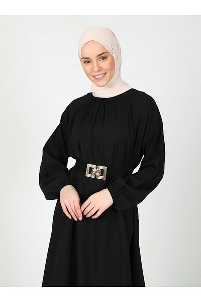 Tavin Belt Detailed Hijab Dress - Black - Tavin